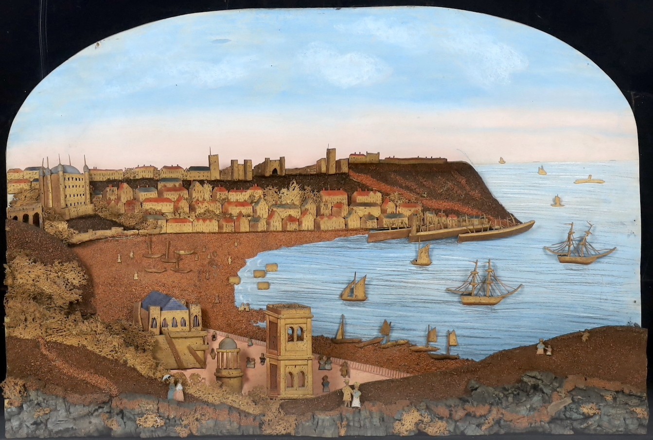A large framed Victorian cork work panel depicting a view of Scarborough harbour, 93x124cm including frame overall 75 x 105cm